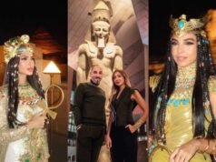 Mai Jalal revela o design dos bastidores do traje do faraó na inauguração do Grande Museu Egípcio. “Todas as fantasias foram feitas por mãos egípcias.”