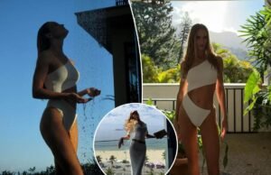 A modelo da Victoria’s Secret, Rosie Huntington Whiteley, mostra seu abdômen em novas fotos de maiô