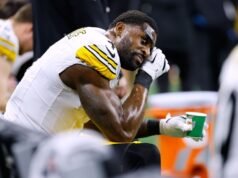 Steelers DK Metcalf empurra o torcedor durante o jogo em Detroit