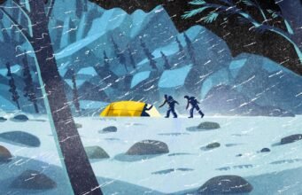 À noite, perto do Monte Whitney, 5 caminhantes se encontram durante uma tempestade