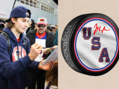 Disco de hóquei autografado das Olimpíadas dos EUA de Jack Hughes: compre mercadorias da medalha de ouro