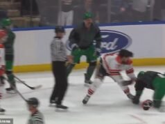 Oficiais da NYPD em batalha brutal com rivais do corpo de bombeiros enquanto a arrecadação anual de fundos para o hóquei fica feia