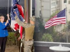 Bandeira dos EUA pendurada na embaixada da Venezuela pela primeira vez em 7 anos