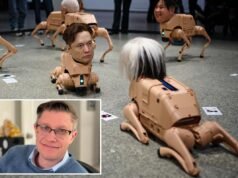 Cães-robôs bizarros ostentando Musk como parte de uma exposição impressionante e assustadora que atormenta os visitantes do museu Zuckerberg em Berlim