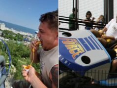 O influenciador se filma quebrando regras rígidas de segurança enquanto come nuggets de frango em uma montanha-russa viajando a 150 km/h