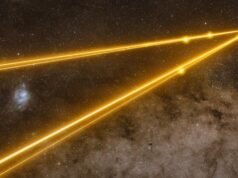 Foto de um raio laser passando pelo universo em 27 de maio de 2026