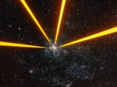 Fotos de um laser apontado para uma galáxia distante em 4 de maio de 2026